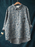 Spring Vines Pattern Printed Women’s Casual Cotton And Linen Shirt Blue / S