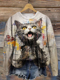 Fashion Art Doodle Retro Cat Art Casual  Sweatshirt