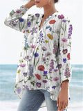 Spring Botanical Garden Pattern Printed Women’s Casual Linen V-Neck Shirt Multicolor / S