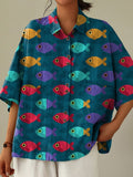 Colorful Fish Repeat Pattern Printed Women’s Casual Cotton Linen Shirt Multicolor / S