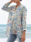 Vintage Style Tranquil Spring Garden Pattern Printed Women’s Casual Linen V-Neck Shirt Multicolor