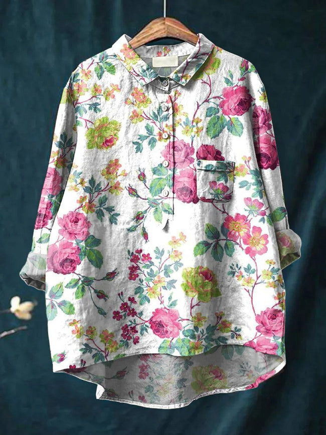 Women’s Floral Art Print Casual Cotton And Linen Shirt Multicolor / S