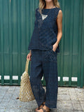 Women's Japanese Art Print Tank And Casual Pants Linen Cotton Suit