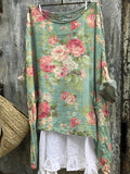 Women’s Vintage Floral Art Print Casual Linen Cotton Pullover Top Multicolor / Onesize