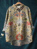 Women’s Vintage Ethnic Floral Art Print Casual Cotton And Linen Shirt Multicolor / S