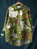 Vintage Lovely Animals Woodland Art Print Casual Cotton And Linen Shirt Multicolor / S