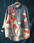 Women’s Japanese Art Print Casual Cotton And Linen Shirt Multicolor / S