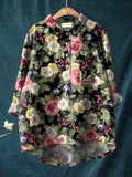 Sweet Rose Bush Pattern Printed Women’s Casual Cotton And Linen Shirt Multicolor / S