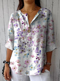 Watercolor Small Floral Pattern Printed Women’s Casual Cotton Linen Shirt Multicolor / S