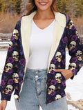 Purple Flower Skull Art Print Waffle Plush Thick Long-Sleeved Hooded Coat