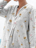 Petite Spring Floral Pattern Printed Women’s Casual Linen V-Neck Shirt