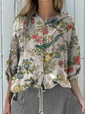 Women’s Vintage Floral Bird Art Print Hooded Drawstring Linen Casual Blouse Multicolor / S