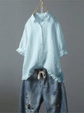 Women’s Cotton And Linen Casual Single-Row Button Ruffle Shirt Lightblue / S