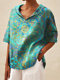 Women’s Retro Marble Art Print Casual Linen V-Neck Shirt Multicolor / S