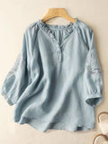 Embroidery Flower Cotton And Linen V-Neck Seventh Sleeve Blouse Blue / M