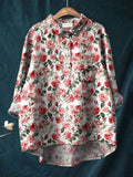 Watercolor Red Rose Pattern Printed Women’s Casual Cotton And Linen Shirt Redwhite / S