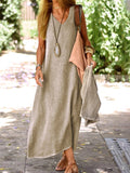 Summer Cotton And Linen Solid Colour Long Dress Khaki / S