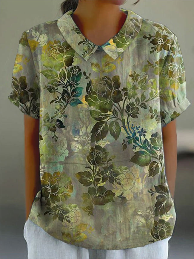 Women’s Flower Print Casual Cotton And Linen Shirt Multicolor / S