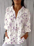 Women’s Purple Elegant Flower Floral Print Casual Linen V-Neck Shirt Multicolor / S