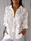 Women’s Colorful Elegant Wildflower Print Casual Linen V-Neck Shirt Multicolor / S