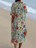 Women’s Vintage Floral Art Print Pocket Linen Dress（Convertible Dress With Front And Back Option）