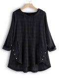 Women’s Plaid Cotton And Linen Button Down Long Tunic Shirt Black(Longsleeve) / M