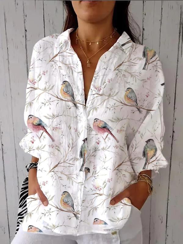 Women’s Bird Print Casual Linen V-Neck Shirt Multicolor / S