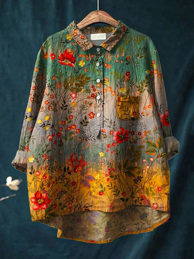 Women’s Floral Art Print Casual Cotton And Linen Shirt Multicolor / S