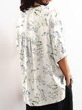 Women’s Blue Floral Print On White Background Casual Cotton And Linen Shirt