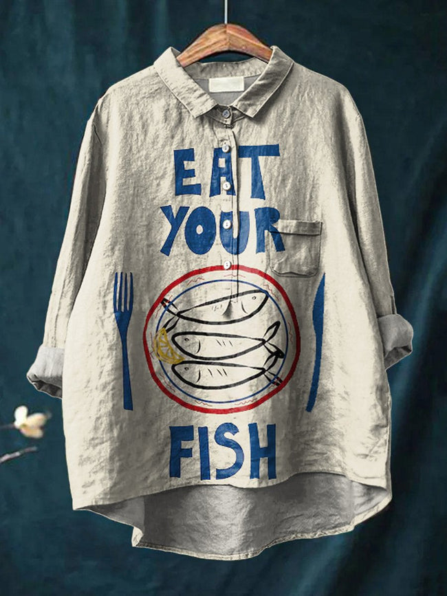 Women’s Fish Sardines Vintage Food Print Casual Cotton And Linen Shirt Multicolor / S