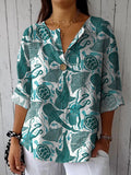 Vibrant Sea Creatures Pattern Printed Women’s Casual Cotton Linen Shirt Greenwhite / S