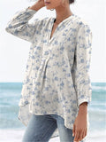 Small Blue Rose Floral Pattern Printed Women’s Casual Linen V-Neck Shirt Whiteblue / S