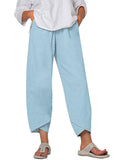 Women’s Solid Color Loose Elegant Casual Simple Cotton And Linen Ninth Pants Light Blue / S