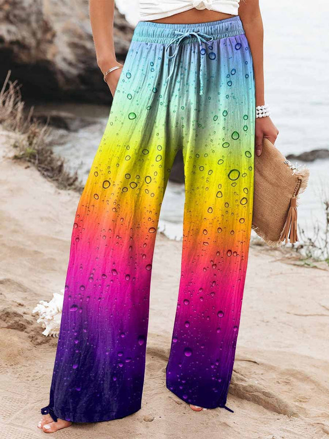 Women’s Colorful Gradient Water Drop Print Cotton And Linen Casual Pants Multicolor / S