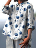 Women’s Cute Little Blue Flower Print Casual Cotton And Linen Shirt