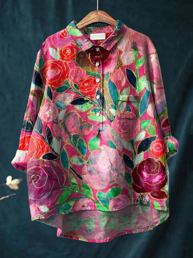 Women’s Flower Print Casual Cotton And Linen Shirt Multicolor / S