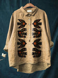 Women’s Vintage Bird Print Casual Cotton And Linen Shirt Multicolor / S