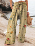 Women’s Vintage Floral Art Printed Cotton And Linen Casual Pants Multicolor / S