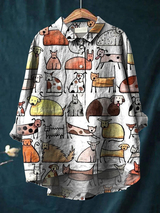 Women’s Cute Dog Art Print Casual Cotton And Linen Shirt Multicolor / S