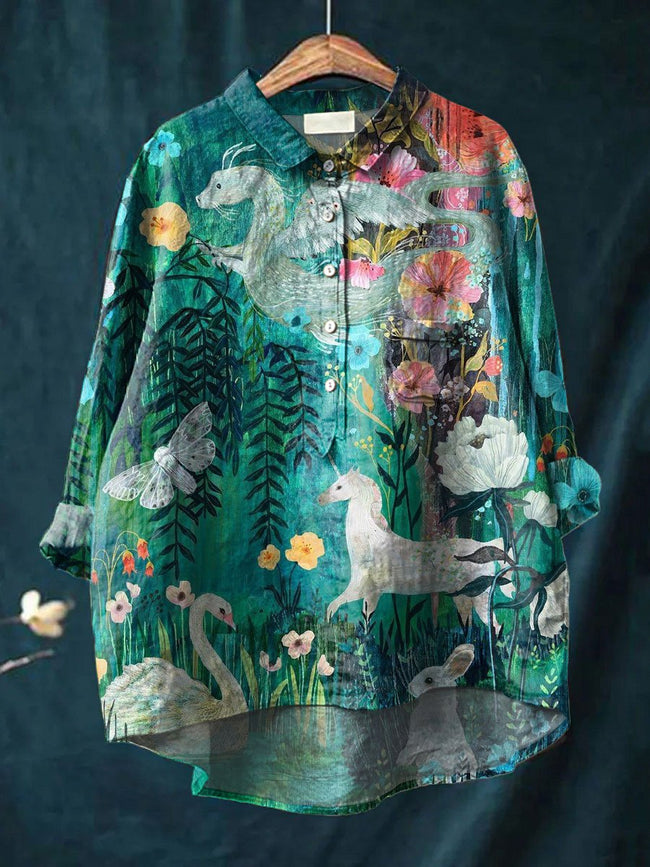 Women’s Flower Print Casual Cotton And Linen Shirt Multicolor / S