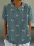 Women’s Flowers And Leaves Casual Cotton Linen Shirt Grey Blue / S