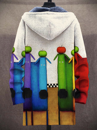 Unisex Multicolor Funny Dog Apple Art Print Plush Thick Long-Sleeved Sweater Cardigan Coat