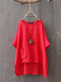 Cotton Linen Solid Color Casual Top Red / M