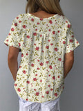 Vintage Style Petite Rose Pattern Printed Women’s Casual Cotton And Linen Shirt