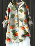 Women’s Vintage Lovely Strawberry Art Print Casual Cotton And Linen Shirt Multicolor / S