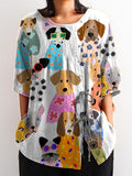 Women’s Colorful Cartoon Funny Puppy Print Casual Cotton And Linen Shirt Multicolor / S