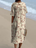 Women’s Red Elegant Floral Print Pocket Linen Dress