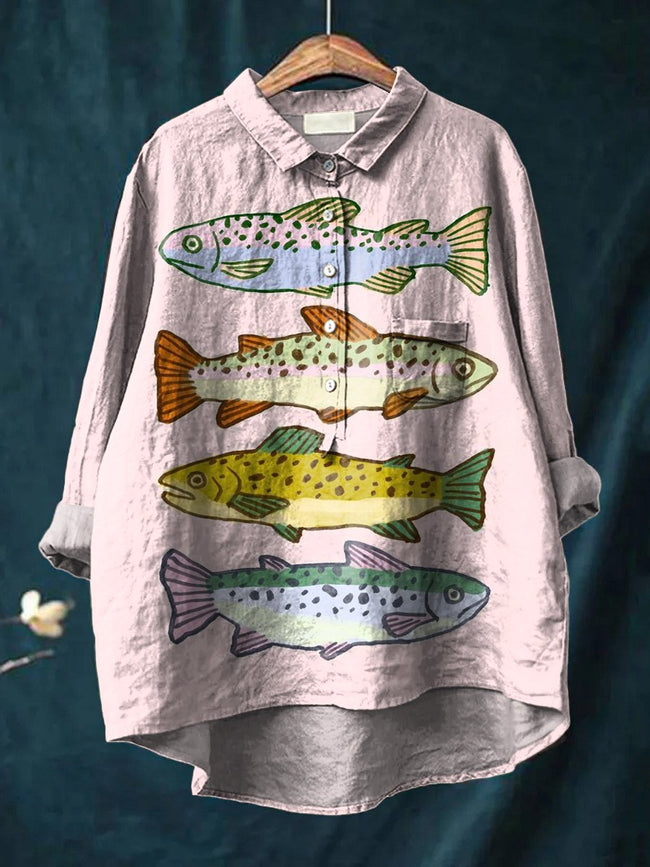 Women’s Pink Cartoon Fish Print Casual Cotton And Linen Shirt Multicolor / S