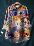 Women’s Vintage Floral Art Print Casual Cotton And Linen Shirt Multicolor / S