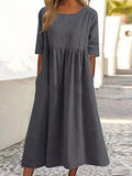 Cotton And Linen Casual Short Sleeve Pocket Pleated Loose Round Neck Dress Dark Grey / S